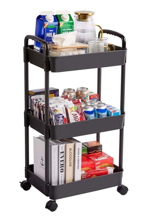 3 Tier Plastic Storage Cart Shelf Bathroom Shelf Rolling Clutter Cart Gusseted Storage Rack with Wh