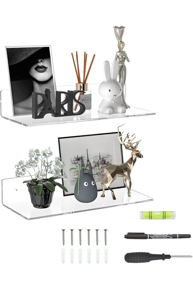 ARS® 38cm Clear Acrylic Wall Mounted Shelves - 2-Pack for Collectibles, Plants, and More