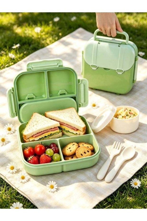 Portable Kids Bento Lunch Box, 3 Compartments Food‑Safe Meal Container with Built‑in Cutlery Set, L