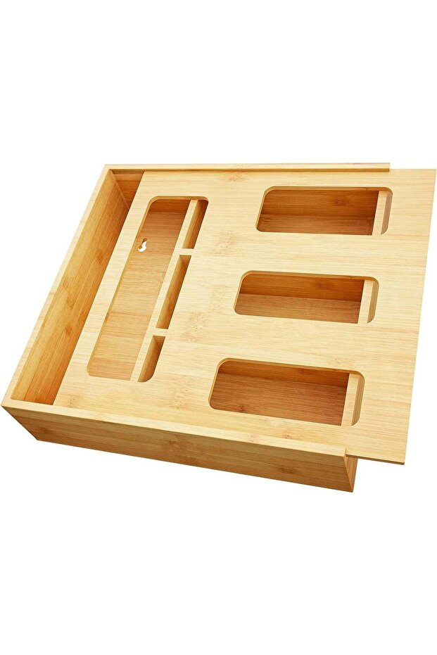 Bamboo Kitchen Drawer Organizer, 4 Compartments for Food Storage Bags, 33.4 x 31.3 x 8.2 cm