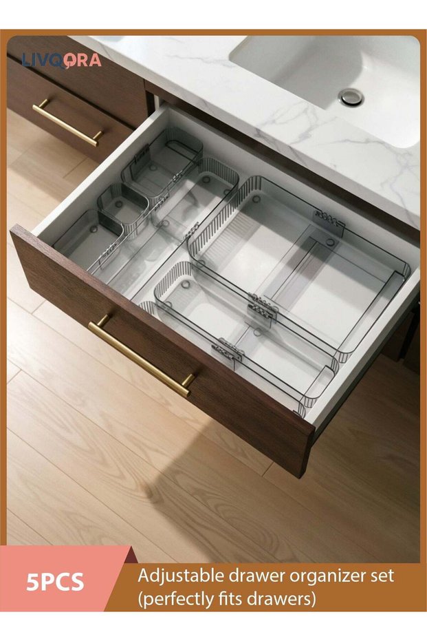 5 PCS Adjustable Drawer Organizer Set, Clear Expandable Storage Trays, Plastic Drawer Dividers for