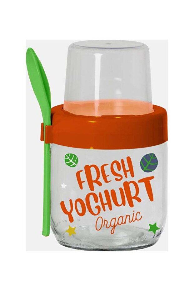 Yoghurt Jar With Spoon Orange/White/Green 8cm