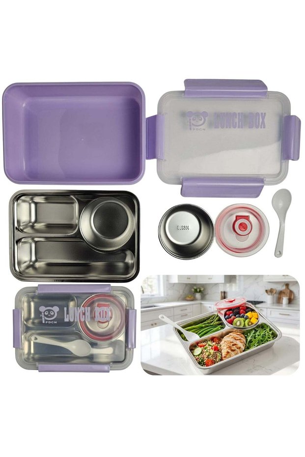 SOBHYS Stainless Steel Lunch Box with Removable Inner Tray, Sauce Container, Spoon, Silicone Seal,