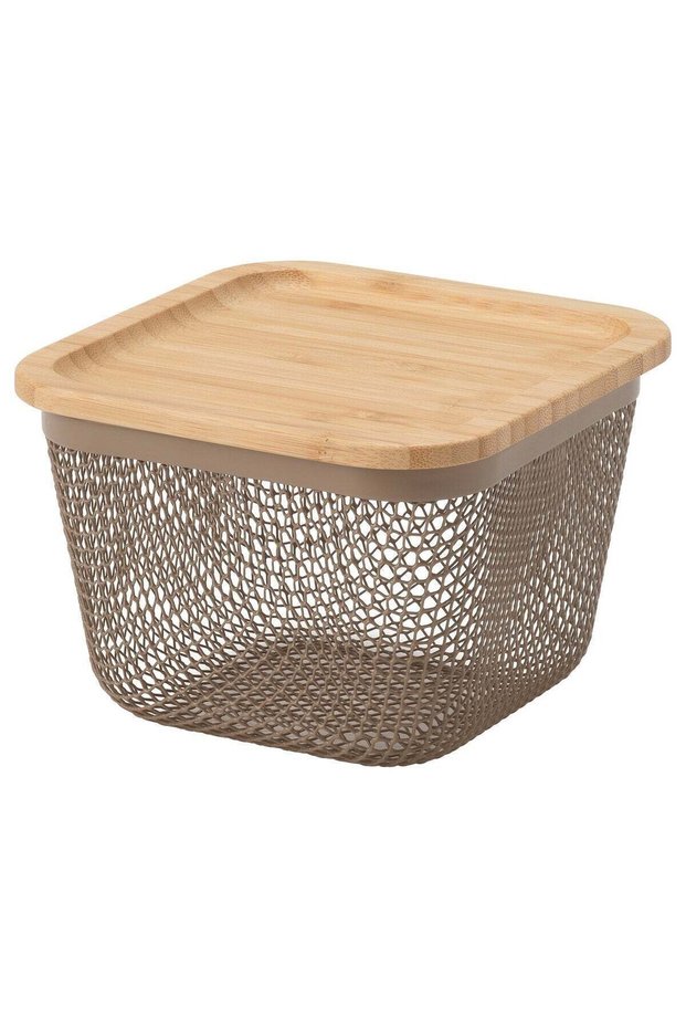 Food storage basket with lid, square metal/light grey-brown bamboo