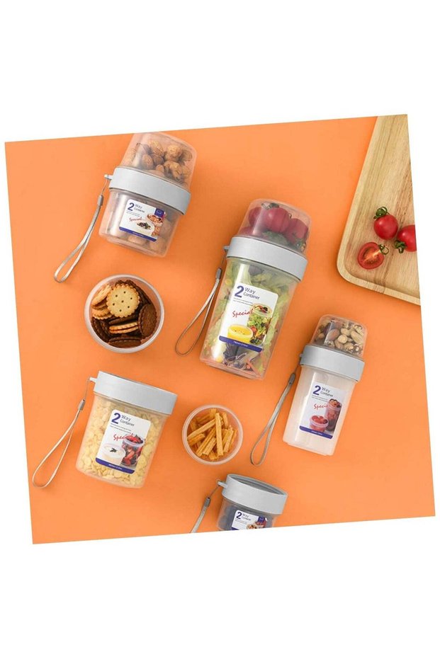 Portable Food Storage Container, 2 Layers for 2 Compartments, Food Divided, 310+360ml