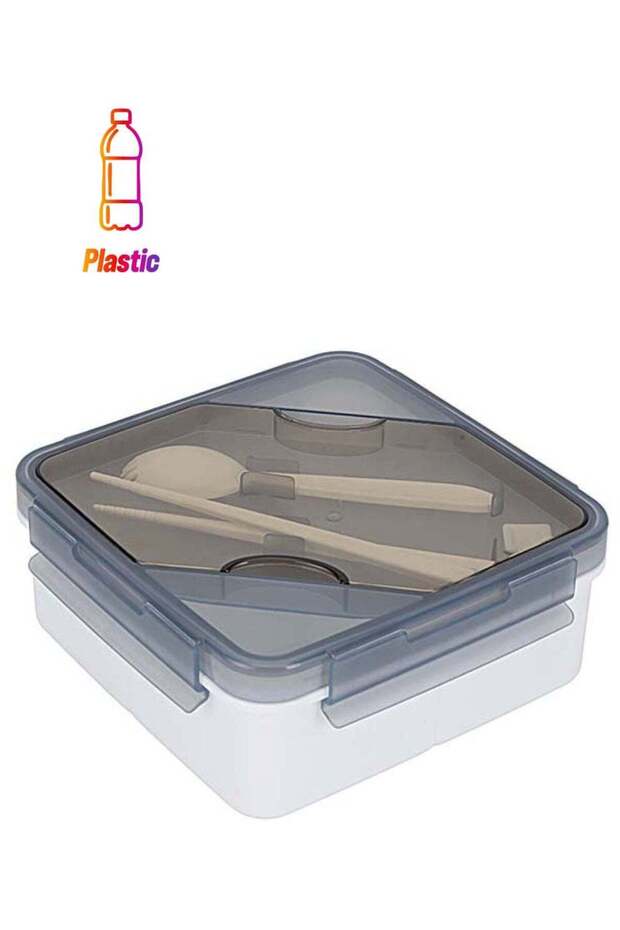 Royalford 1200 ml Square Plastic Lunch Box, Tiffin | Transparent Lid, Spoon, Chopsticks, 3 Compartm