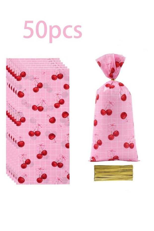 50 Pack Cherry Bow Cellophane Bags Red Pink Bow Cherry Clear Candy Treat Gift Bags with Twist Ties