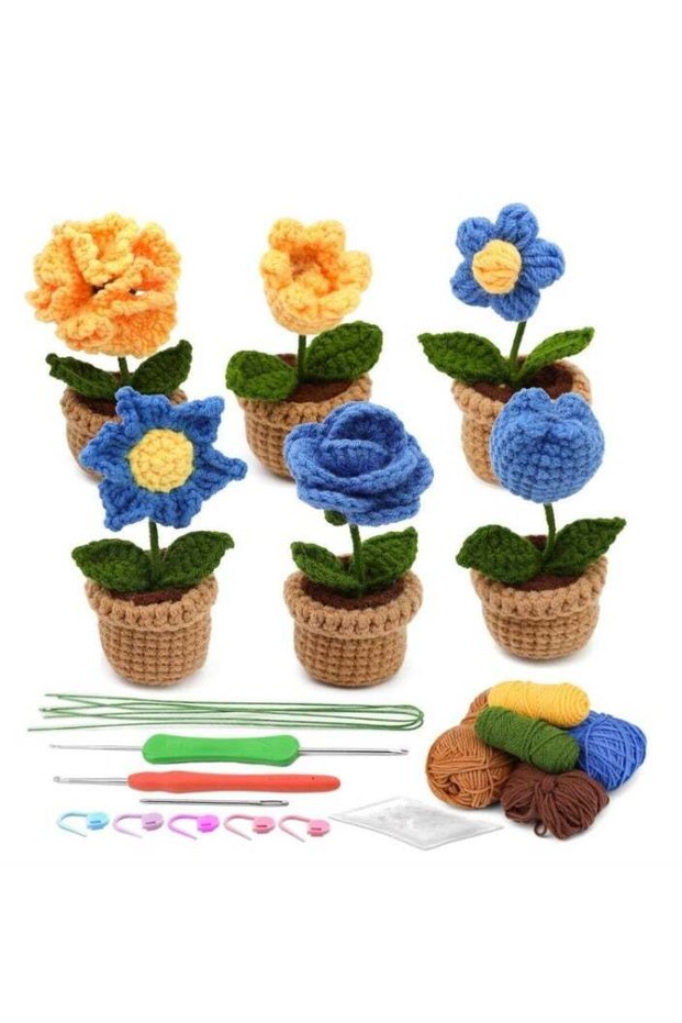 Crochet Kit for Beginners 6 Pcs Potted Flowers Kit for Beginers and Experts Detailed Course Materia