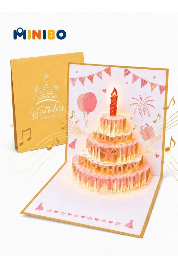 Pop up birthday card, LED lighting, music, candles