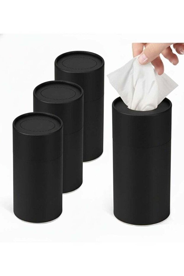 4 Cylindrical Tissue Boxes – Black | Round Decorative Tissue Boxes Filled with 2-Ply Tissues