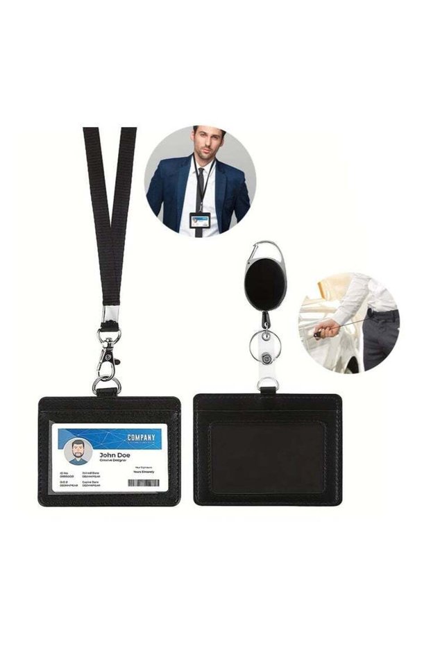 PU Leather ID Badge Card Holder with Lanyard, 2 Card Slot ID Badge Holder with Detachable Neck Lany