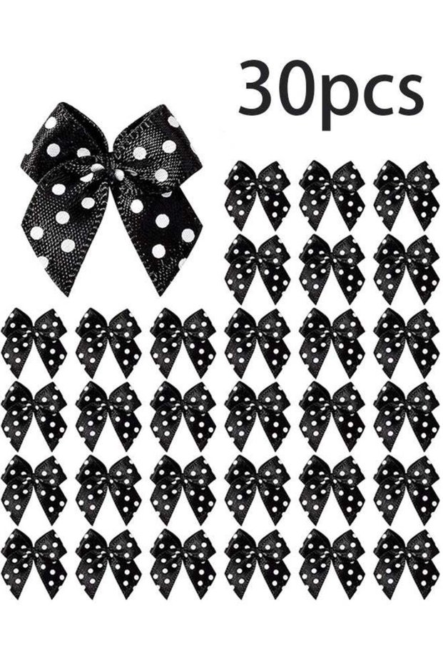 30Pcs 1" Mini Satin Ribbon Bows, Small Tiny Black Polka Dot Bows for Crafts, Handmade DIY Sewing, W