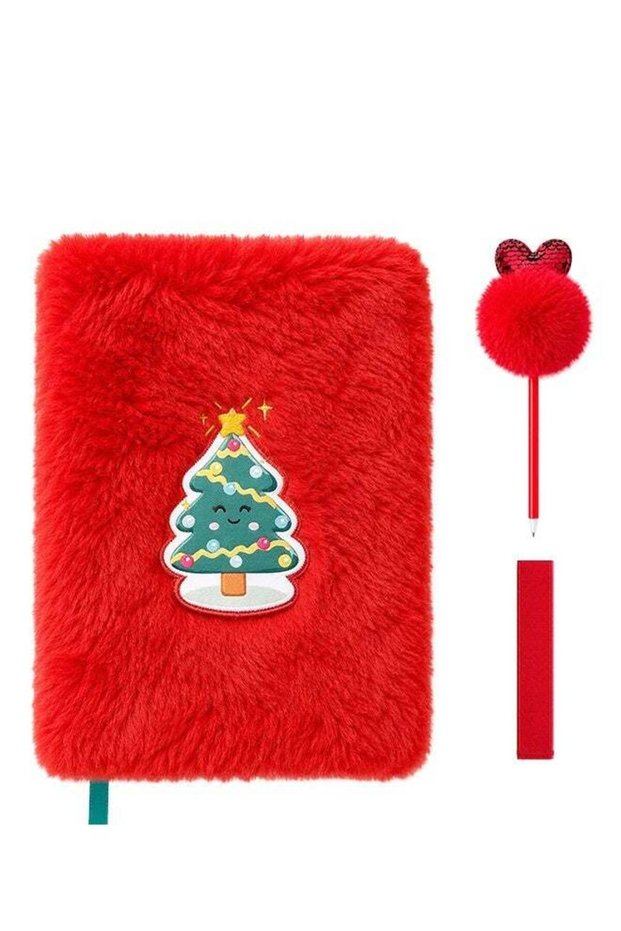 Cute Smiling Tree Plush Notebook and Fuzzy Pom Pom Pen Set with Elastic Band, Soft Fluffy Red Furry