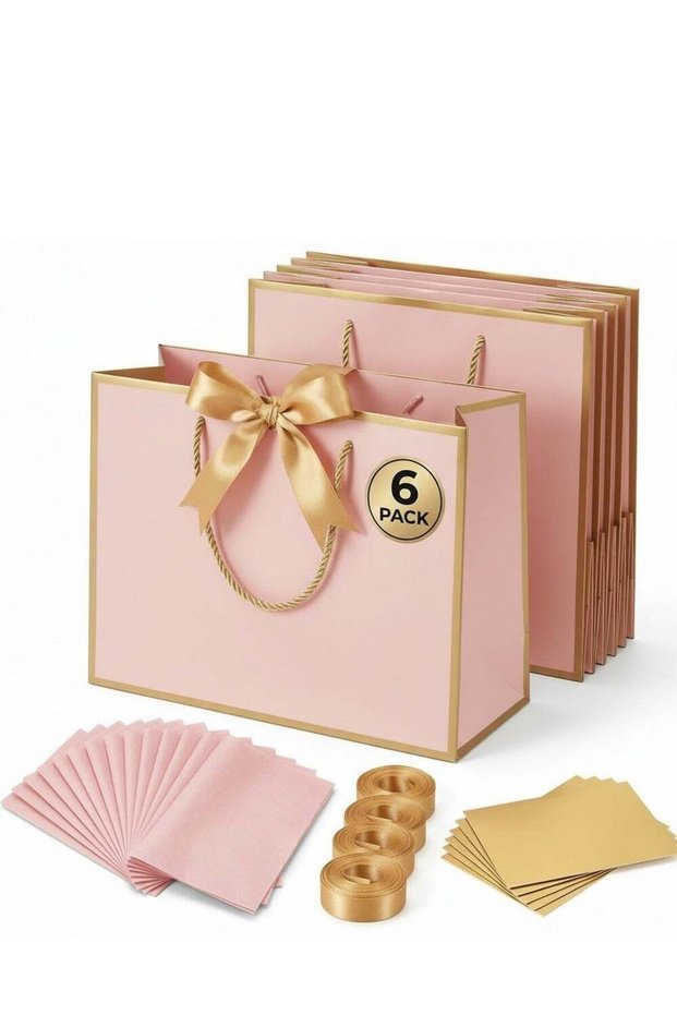 6-Pack Luxury Small/Medium Pink Gift Bags with Gold Trim (28×10×20 cm) – Includes 6 Gold Ribbons, 6