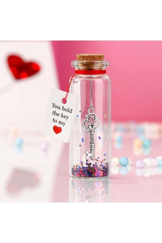 Romantic Message in a Bottle with Key Charm, "I Love You" Gift for Him & Her, Anniversary Present