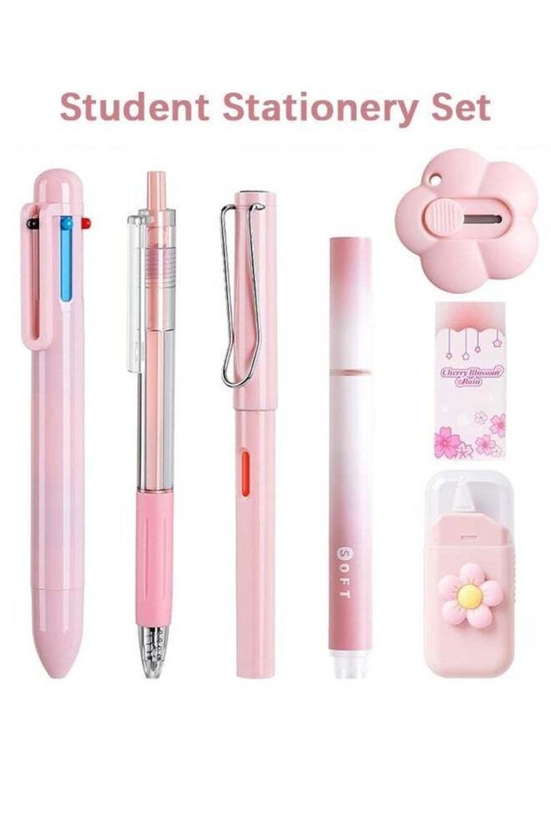 7Pcs Pink Cute Stationery Set - Aesthetic Office & School Writing Supplies with Gel Pen, Highlighte