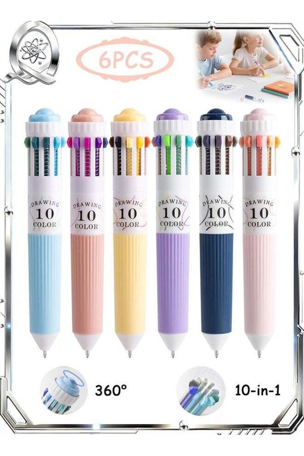 6 PCS Multicolor Pens, 10-in-1 Colored Ballpoint Pen, 0.8mm Fine Point Smooth Writing Retractable B