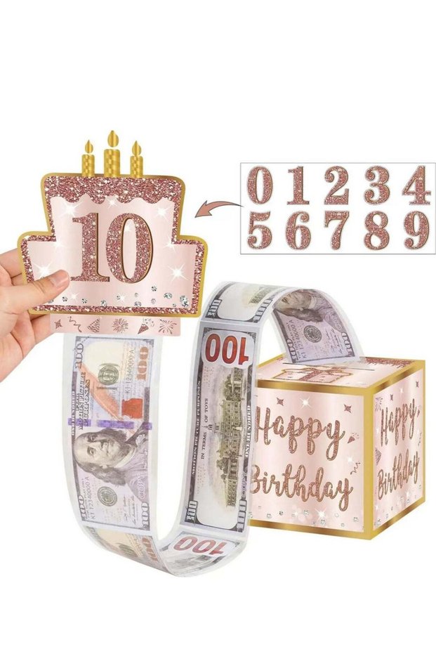 Happy Birthday Money Gift Box with DIY Stickers for Any Age - Pink Rose Gold Surprise Birthday Part