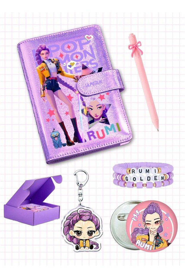 Kpop Demon Hunters Birthday Anime Gift Set for Girls — Rumi Notebook, Bow Gel Pen, Acrylic Keychain