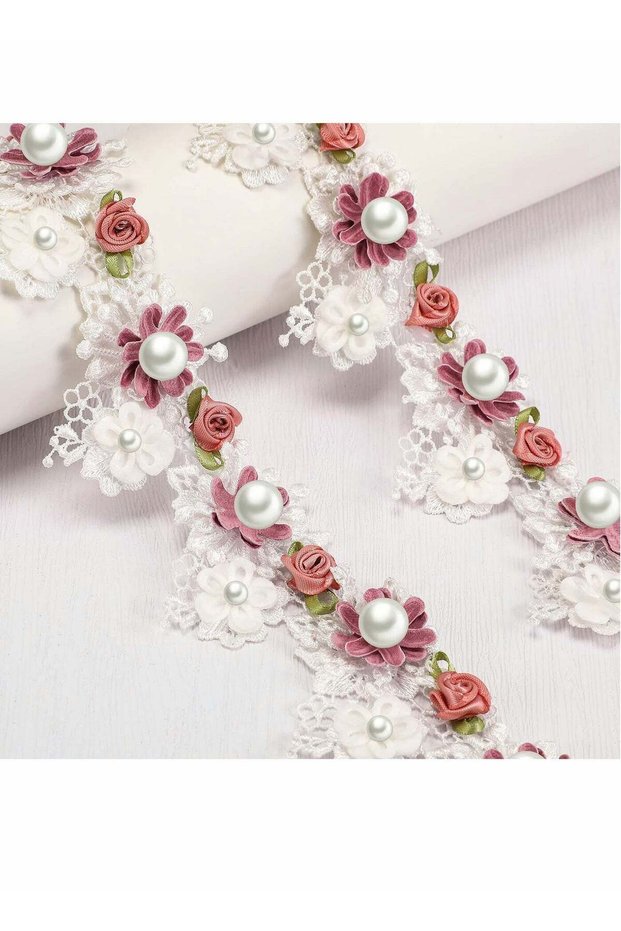 Vintage Flower Pearl Beads Lace Trim Ribbon 5.5 cm Width Decorative Craft Ribbon 1 Meter