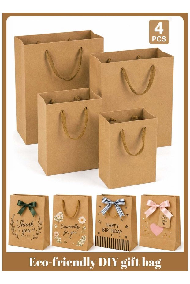 Small Gift Bags 4 PCS, DIY-friendly Brown Paper Gift Bags with Handles, 2 Small + 2 Medium Mixed Si