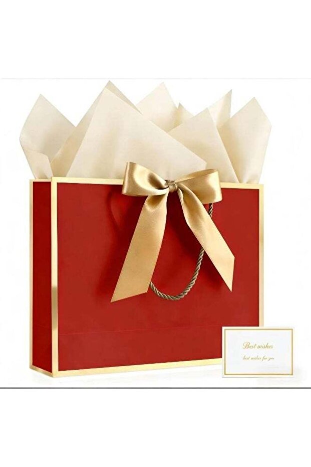 2 Pcs Medium Gold‑Red Gift Bags with Ribbon, Greeting Cards & Tissue Paper, Handheld Party Paper Ba