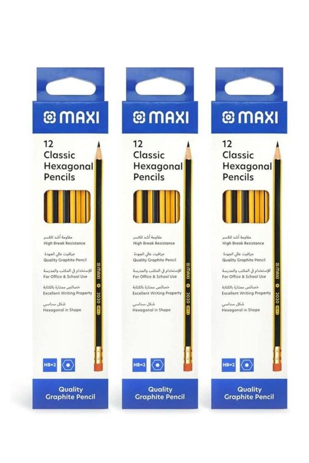 Maxi Classic Hexagonal Graphite Pencil HB With Rubber tip 12Pcs X 3Box (36pcs), Premium quality pen