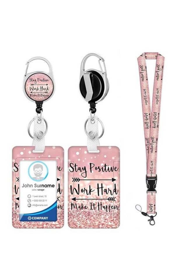 Retractable Badge Reel with ID Badge Holder & Neck Lanyard, Motivational Stay Positive Work Hard Pi