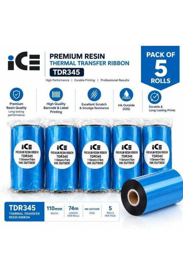 iCE Premium Resin Ribbon TDR345 110mm x 74m, Ink Outside, Pack of 5