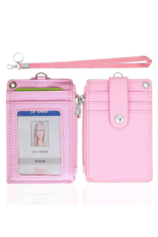 Badge Holder with Zipper, Cute Id Badge Holder Wallet Leather Holder Zipper Wallet with