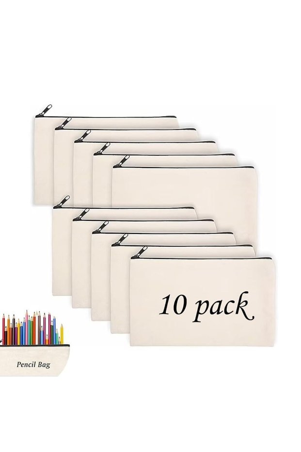 Canvas Chain Pencil Case – Off-White, 21x12cm, 10 Pieces, Zipper, for Pens, Stationery