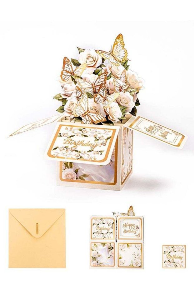 3D Pop-Up Birthday Card. Elegant White Rose & Butterfly Box Card for Birthday Wishes