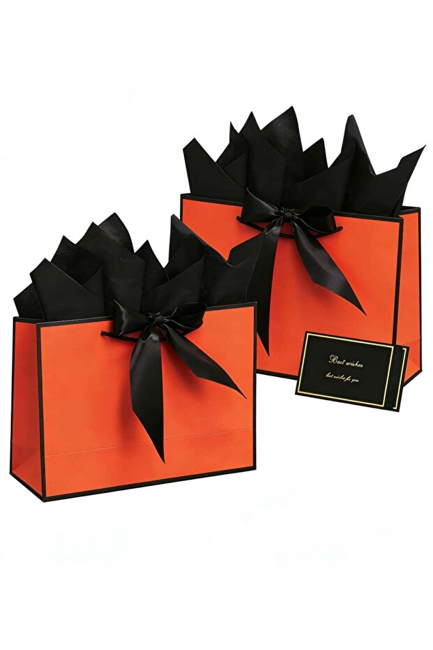 2PCS Orange Large Gift Bags, Paper Bags with Ribbon, Greeting Cards and Tissue Paper, Portable Part