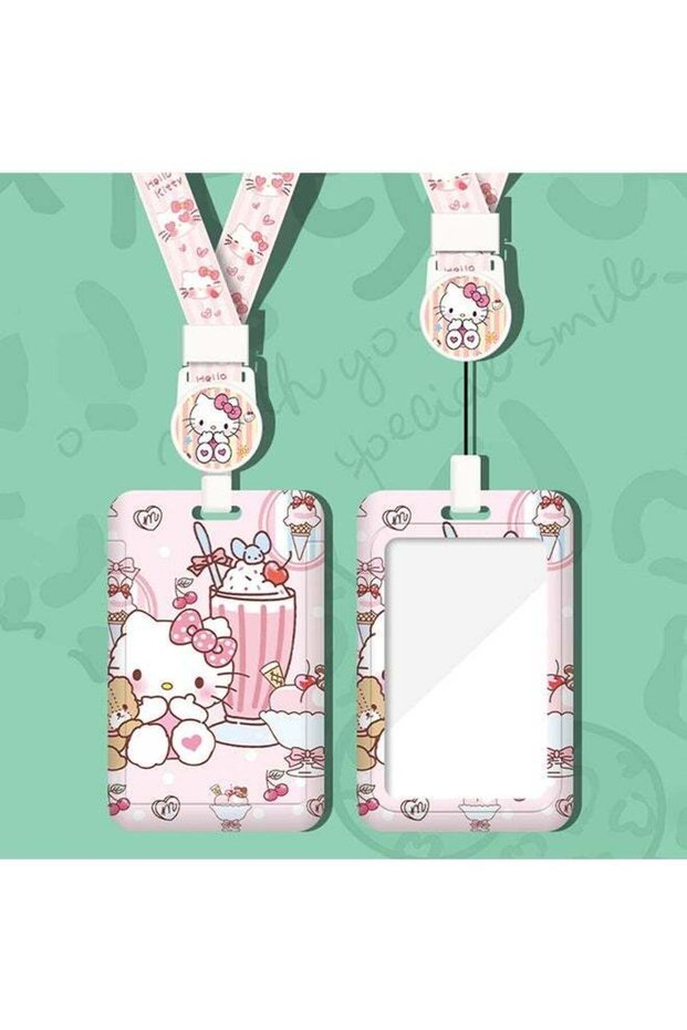 Cute Hello Kitty Dessert Cartoon ID Card Holder with Retractable Lanyard, Anime Badge Case for Stud