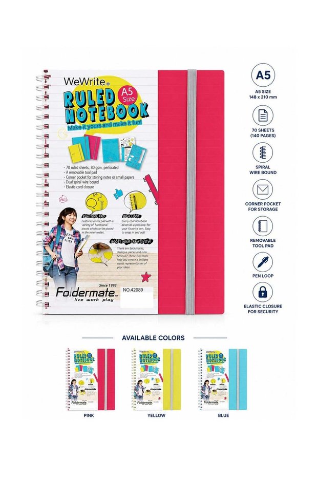 1-Piece A5 Size Spiral Lined Notebook With Elastic Closure 70 Sheets Assorted Colours