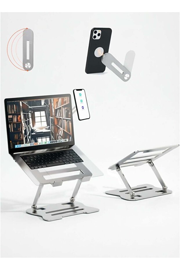 360°Rotating Laptop Stand + Magnetic Mobile Device Extension Stand Set - 10Kg Carbon Steel Load-Bea