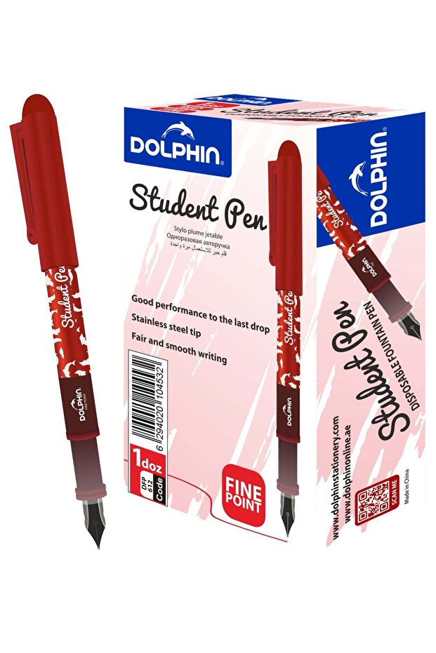 Dolphin Student Disposable Fountain Pen Red Ink, Fine Tip, Smooth Writing, Pack of 12 red