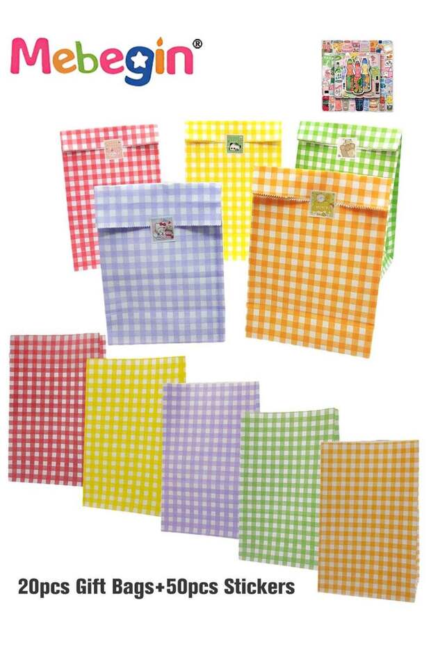 20 Pcs Kraft Gift Bags with 50 Sealing Stickers,5 Colors Plaid Pattern Birthday Gift Bags for Party