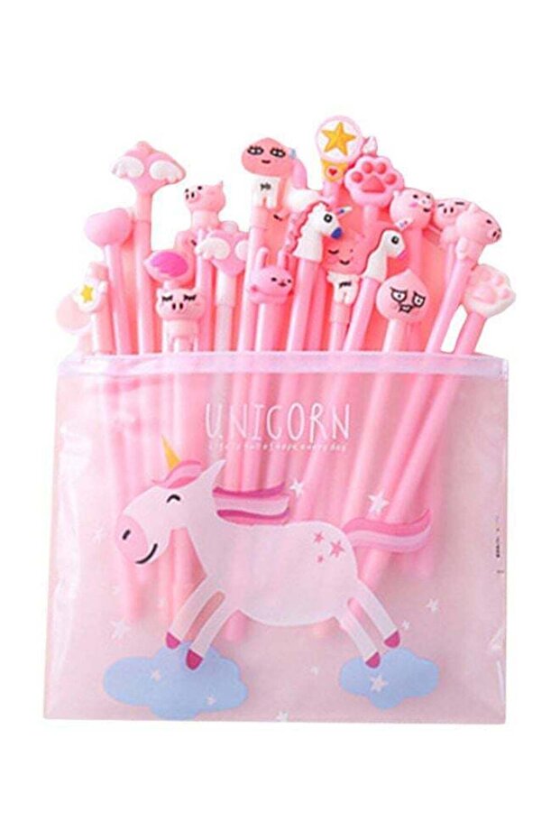 21-Piece Unicorn Patterns Pen With File Bag Set Pink/Clear