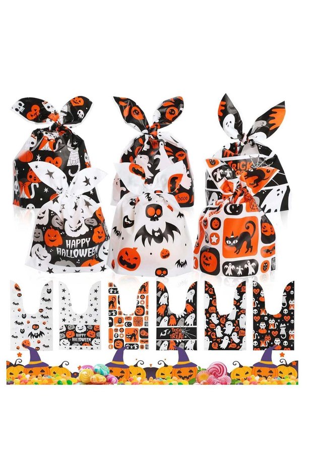 100 PCS Halloween Sweet Bags - 6 Patterns Treat Bags for Party Favor, Candy, Biscuit, Gift, Chocola
