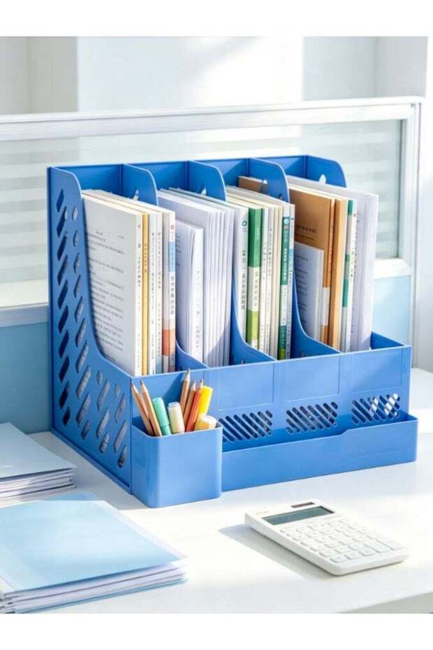 Desktop File Sorter with Pen Cup, 4 Slots A4 Paper Document Organizer, Heavy Duty Plastic File Rack