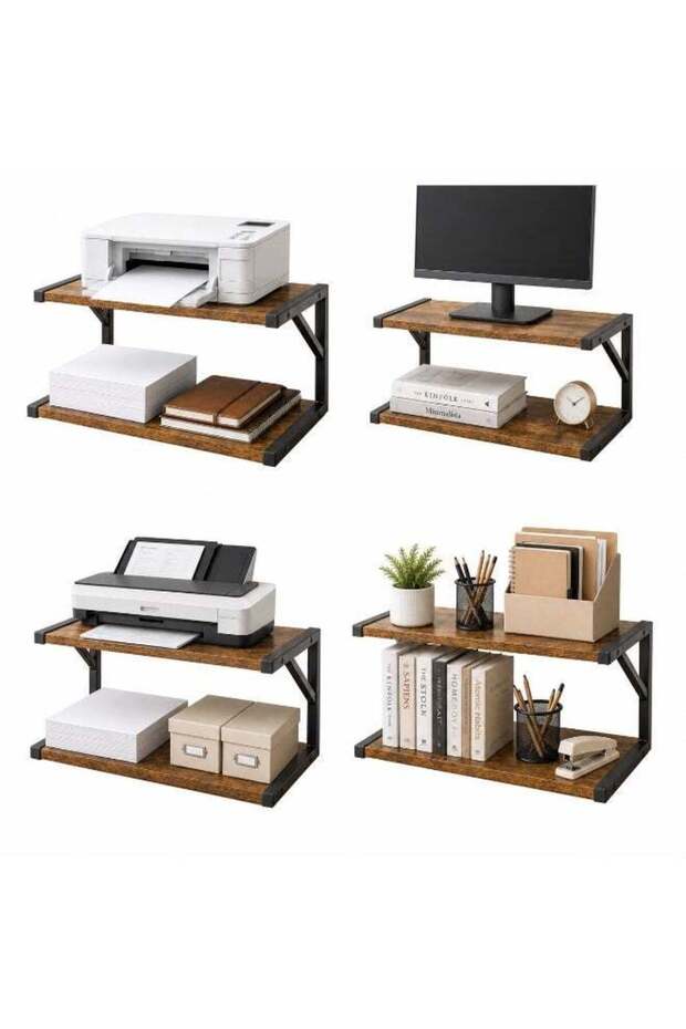 2-Tier Printer Stand for Desk, 44 x 28 x 28.5 cm Rustic Brown Desktop Organizer Shelf with Metal Fr