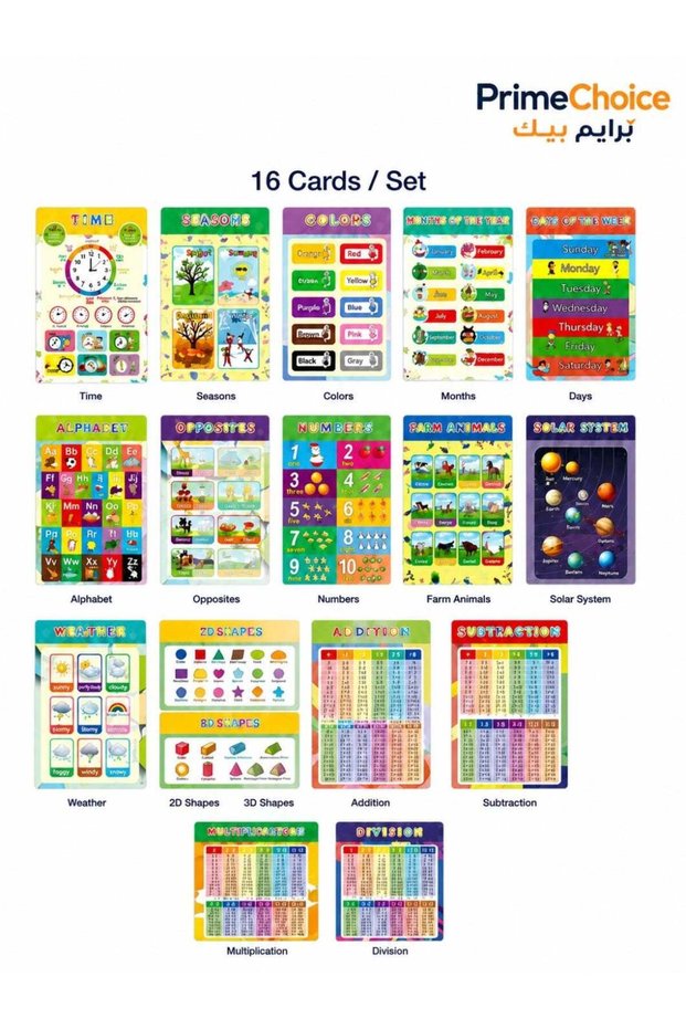 16-Pack Kids Educational English Learning Posters – Preschool Classroom Wall Charts, Early Learning