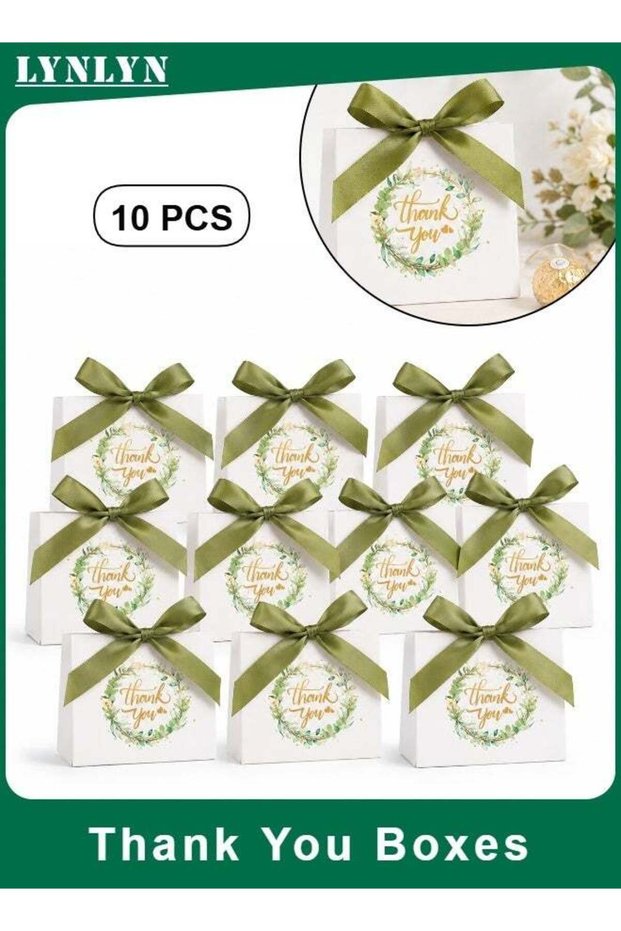 10 PCS Thank You Paper Gift Boxes, Green Ribbon Favor Bags, Leaf Wreath Party Gift Boxes for Small