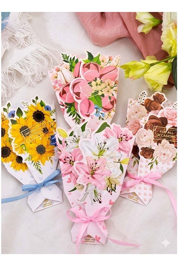 4pcs 3D Bouquet Bow Greeting Cards - Sturdy Solid Cardstock for Back Gift, Birthday, Mother's Day,
