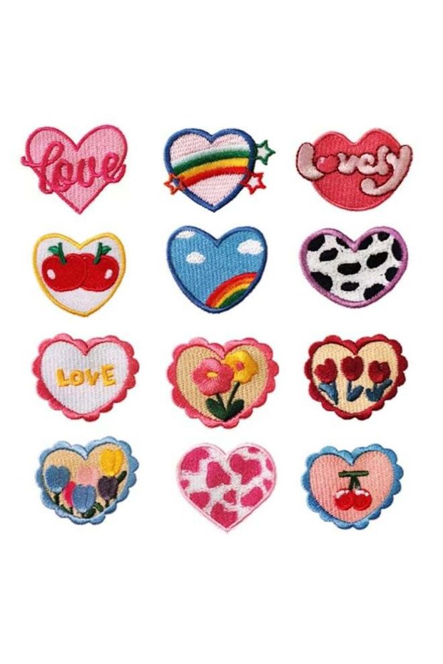 Embroidered Self-Adhesive Heart Patches for Decoration, 12PCS Cute Pattern Embroidery Heart Patches
