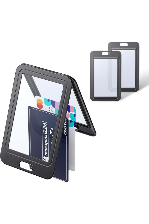 3 Pack ID Badge Holders with Double Sided Windows, Black Vertical Hard Plastic Case for Office, Sch