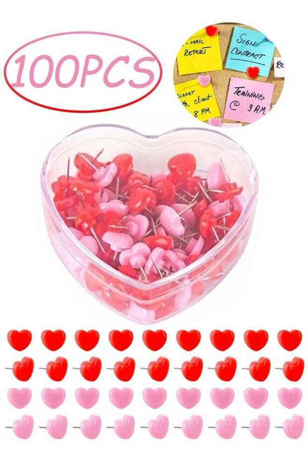100Pcs Push Pins 0.49 Inch Plastic Pushpins Pink & Red Push Pins Heart Shaped Cute Thumb Tacks Deco