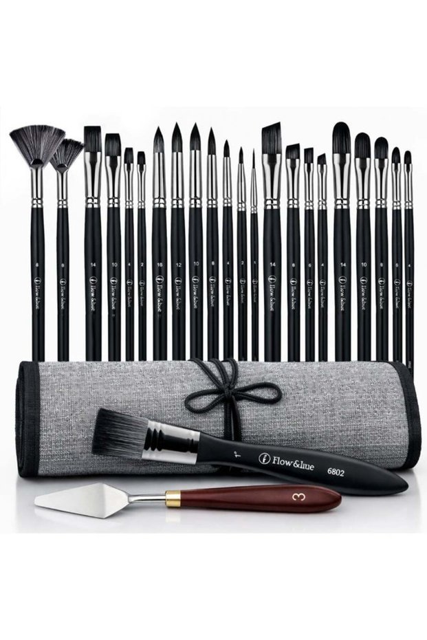25 Pcs Paint Brush Set – Acrylic, Watercolor, Oil & Gouache Brushes in 9 Shapes (Flat, Round, Filbe
