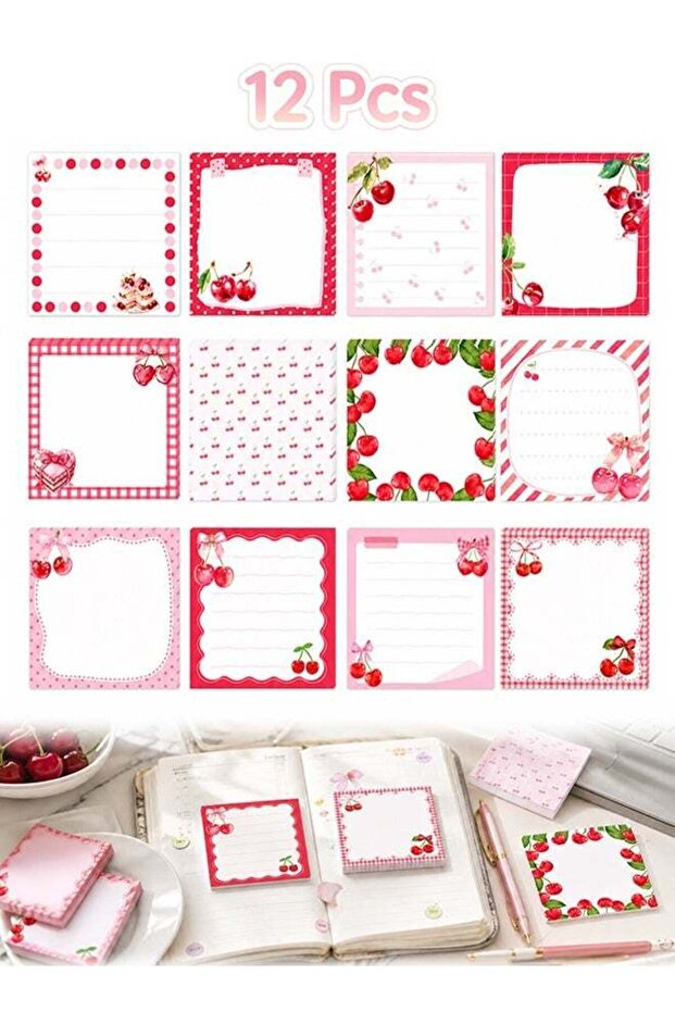 12 Pack Cherry Themed Sticky Notes - Cute Fruit Decorative Note Pads - Assorted Sweet Cherry Framed